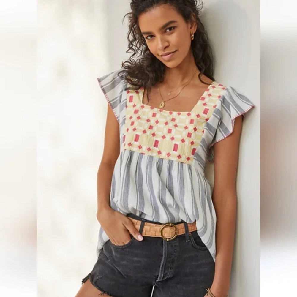 Anthropologie Forever That Girl Embroidered Tunic Top Size 8 Boho Coastal Resort